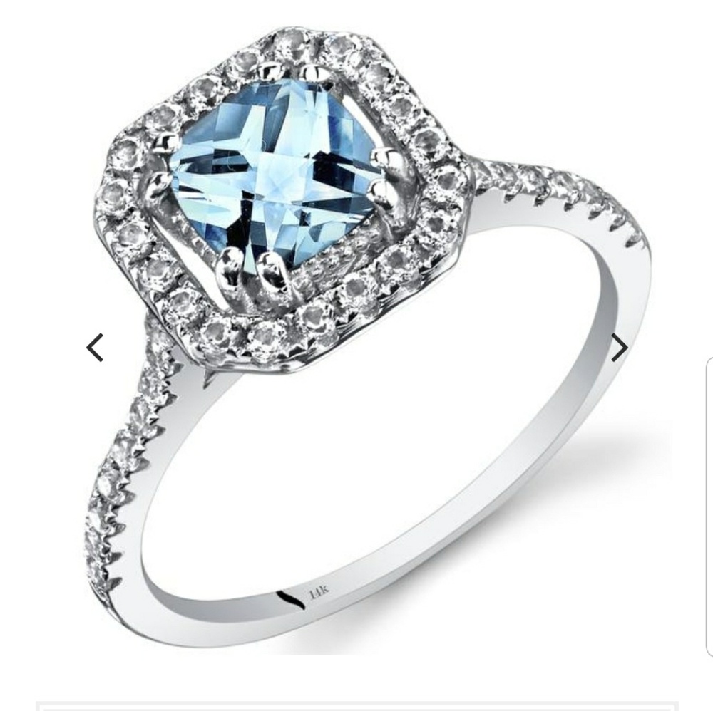 Genuine Aquamarine 14K White Gold Halo Ring